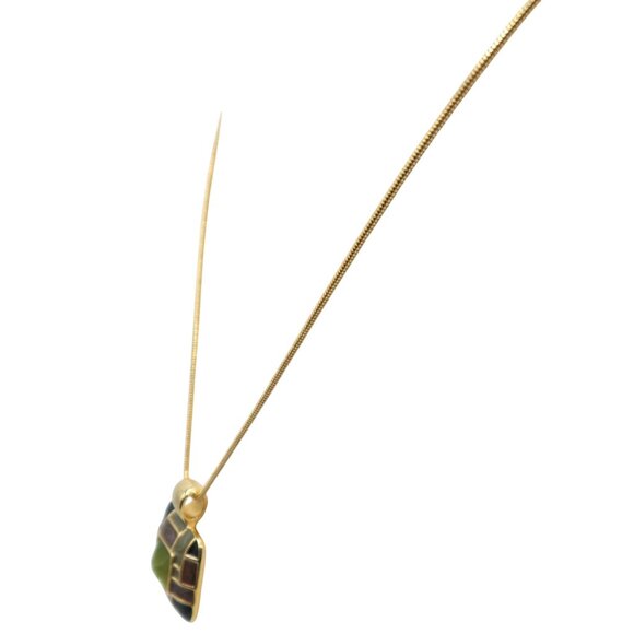 Olive Green Enamel & Facted Stone Square Pendant Chain Necklace Unsigned - Picture 4 of 7